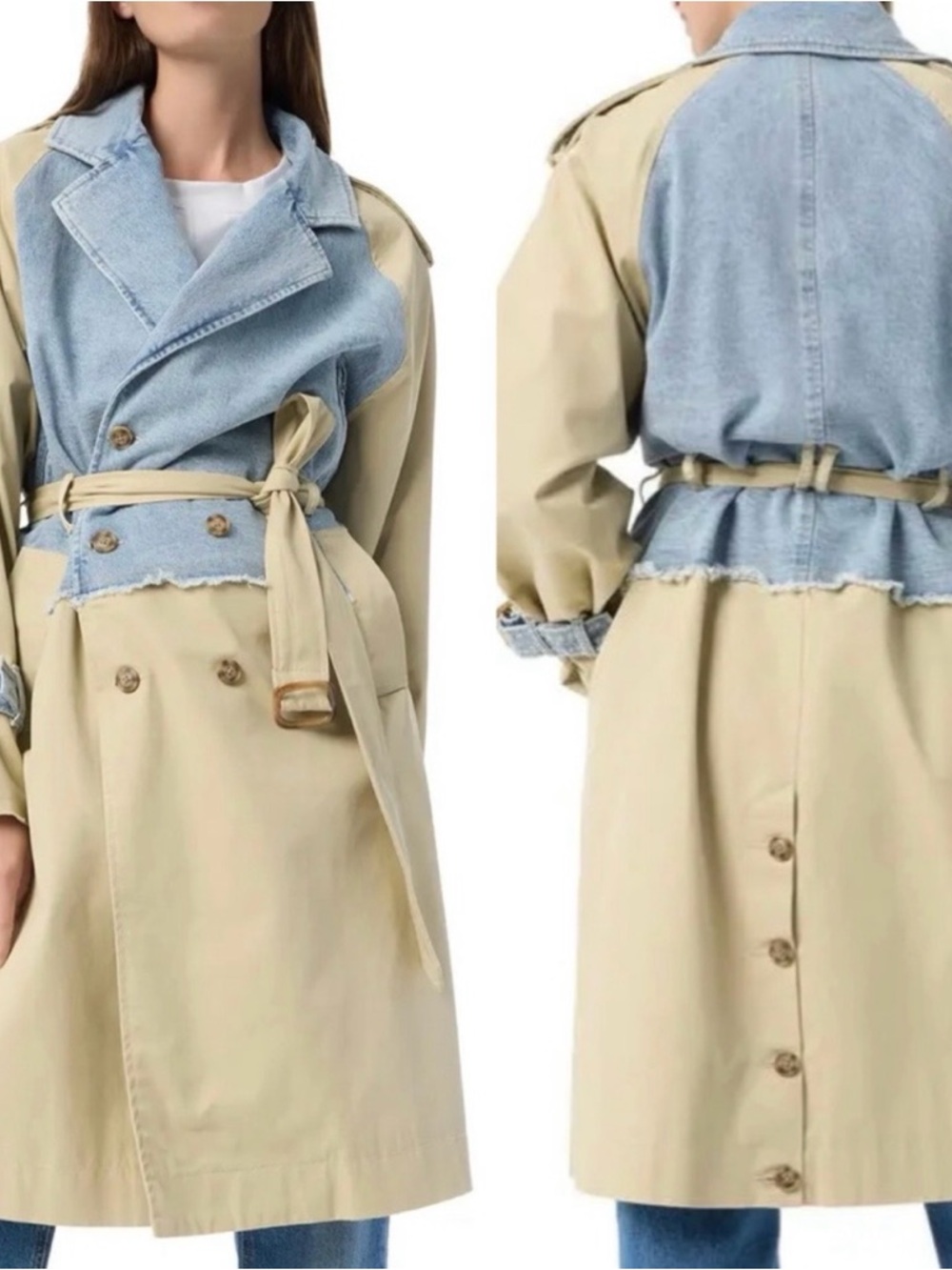 Beige Trench Coat with Light Blue Denim Overlay